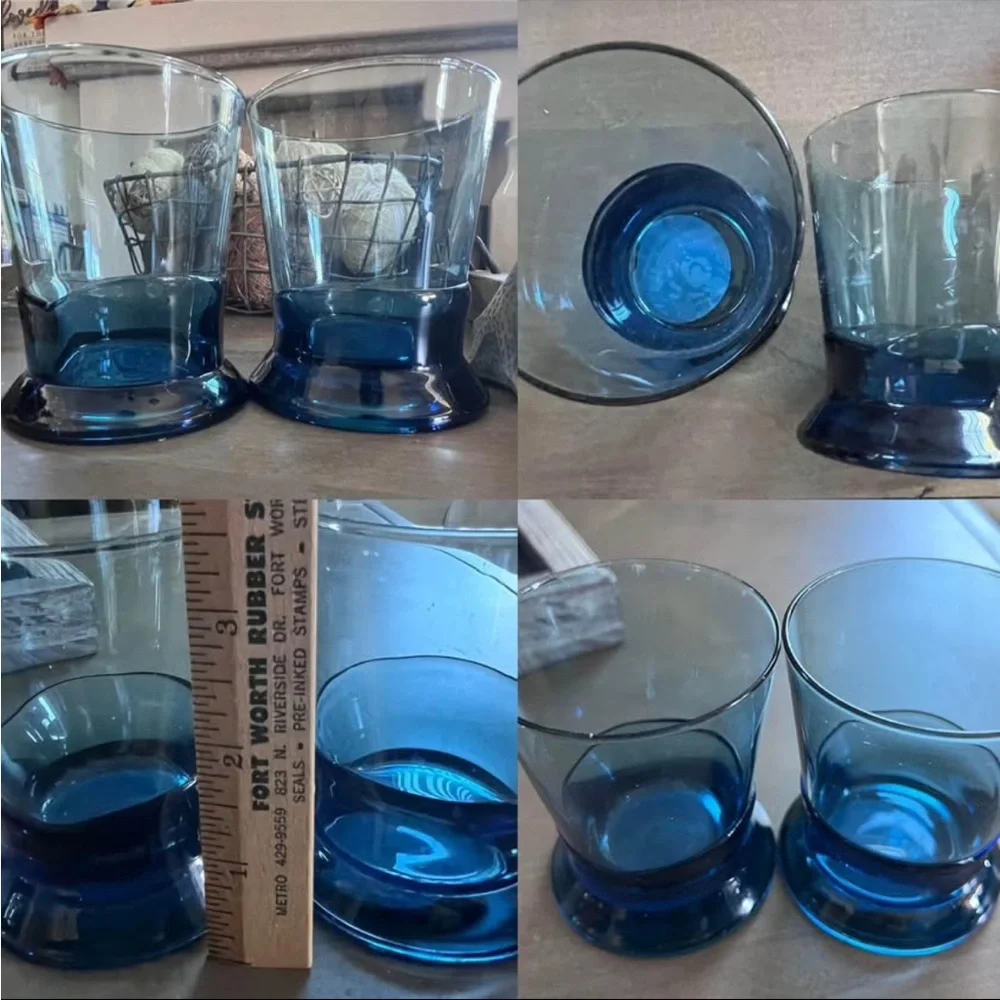 PIER 1. Set of Two Blue Wavy Glass Candle Holders. Holds 1” and Tealight Candles